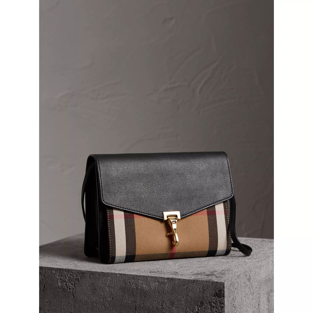 Burberry Small Leather and House Check Crossbody Bag in Black 39808251: Image 3