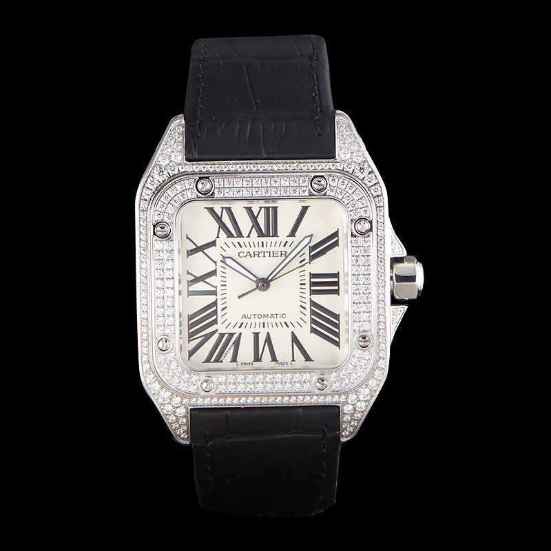Swiss Cartier Santos Silver Bezel with Diamonds and Black Leather Strap sct47 CTR6044: Image 1