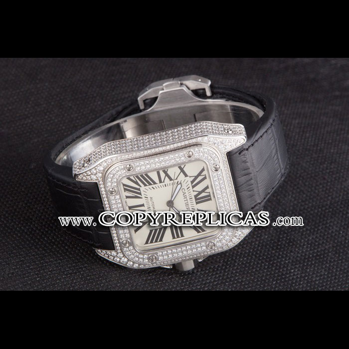 Swiss Cartier Santos Silver Bezel with Diamonds and Black Leather Strap sct47 CTR6044: Image 2