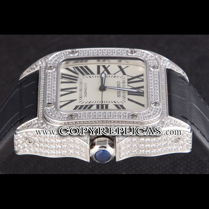 Swiss Cartier Santos Silver Bezel with Diamonds and Black Leather Strap sct47 CTR6044: Image 3
