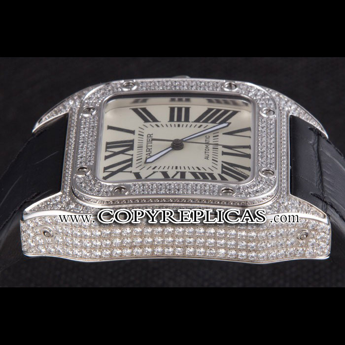 Swiss Cartier Santos Silver Bezel with Diamonds and Black Leather Strap sct47 CTR6044: Image 4