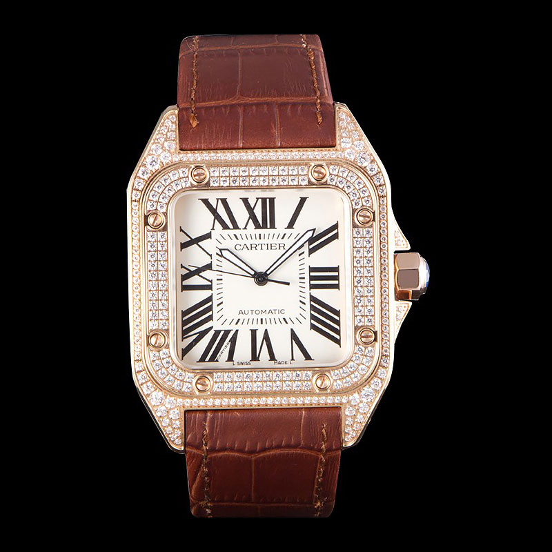 Swiss Cartier Santos Rose Gold Bezel with Diamonds and Brown Leather Strap sct46 CTR6050: Image 1