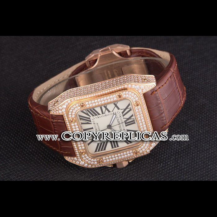 Swiss Cartier Santos Rose Gold Bezel with Diamonds and Brown Leather Strap sct46 CTR6050: Image 2