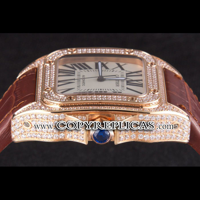 Swiss Cartier Santos Rose Gold Bezel with Diamonds and Brown Leather Strap sct46 CTR6050: Image 3