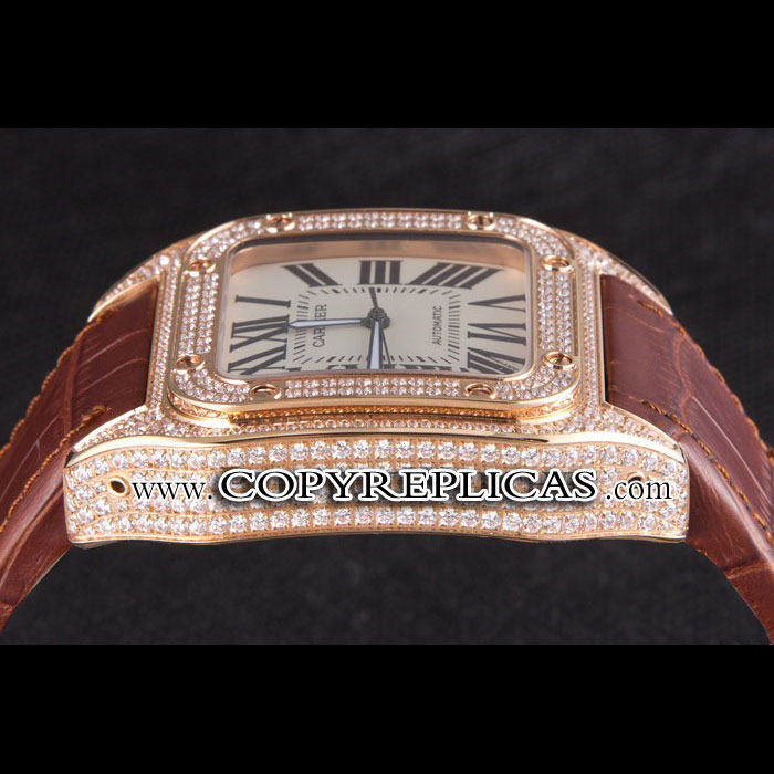 Swiss Cartier Santos Rose Gold Bezel with Diamonds and Brown Leather Strap sct46 CTR6050: Image 4