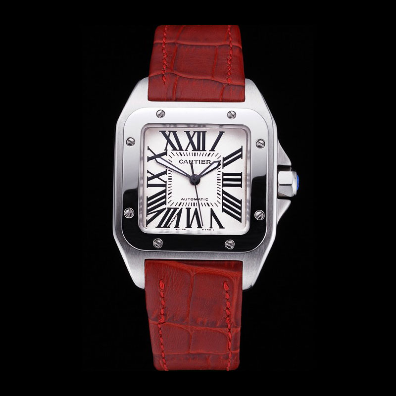 Swiss Cartier Santos White Dial Stainless Steel Case Red Leather Bracelet CTR6078: Image 1