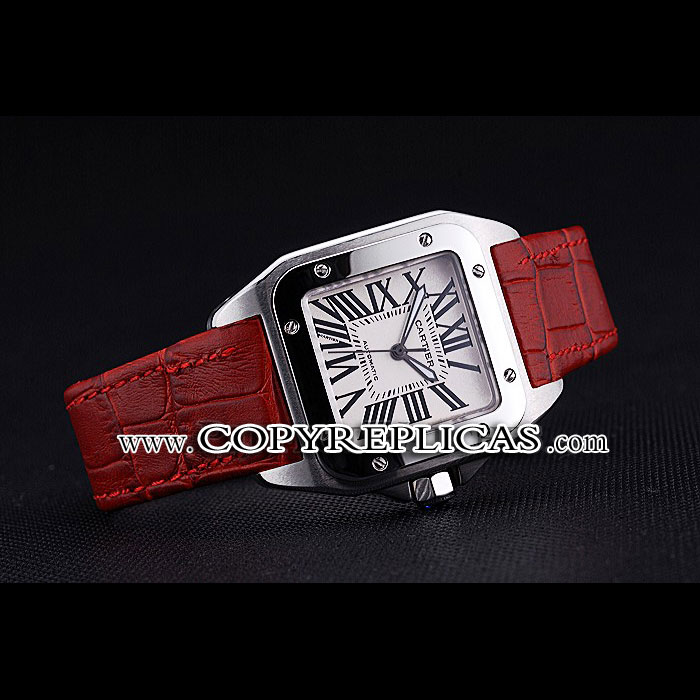 Swiss Cartier Santos White Dial Stainless Steel Case Red Leather Bracelet CTR6078: Image 2