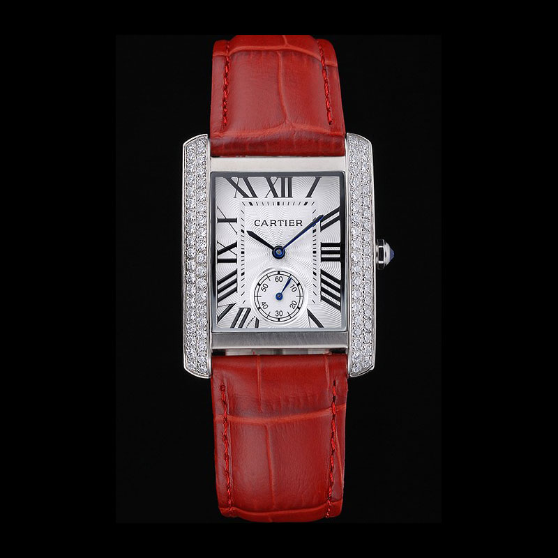 Cartier Tank MC Stainless Steel Diamond Case White Dial Red Leather Strap CTR6123: Image 1