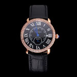 Cartier Ronde Louis Cartier Black Dial Gold Case Diamond Bezel Black Leather Strap CTR5974