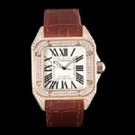 Swiss Cartier Santos Rose Gold Bezel with Diamonds and Brown Leather Strap sct46 CTR6050