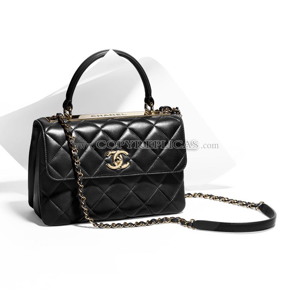 Chanel Flap bag with top handle lambskin light gold metal black A92236 Y60767 94305: Image 2
