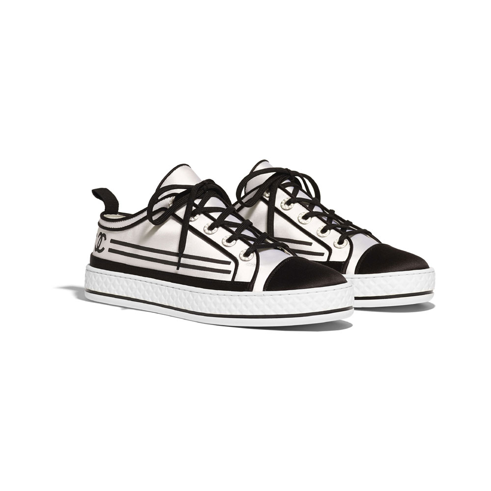 Chanel Satin White Black Sneakers G34578 X01008 C7600: Image 2