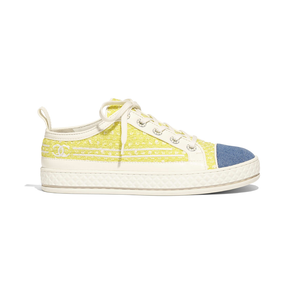 Chanel Tweed Denim Yellow White Blue Sneakers G34578 Y52222 K1500: Image 1