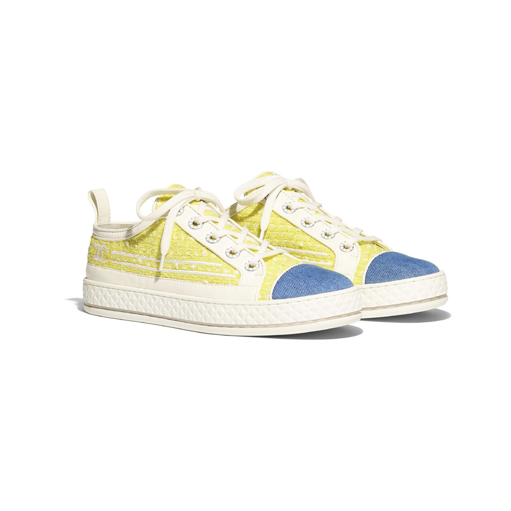 Chanel Tweed Denim Yellow White Blue Sneakers G34578 Y52222 K1500: Image 2