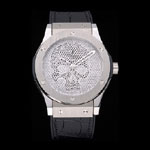 Hublot Classic Fusion Diamond Skull Dial Stainless Steel Case Black Leather Strap HB6253