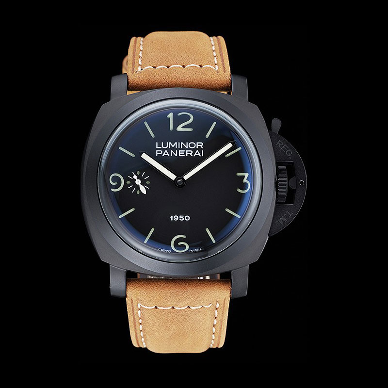 Panerai Luminor Black Ionized Stainless Steel Case Black Dial Brown Suede Leather Strap PAM6512: Image 1
