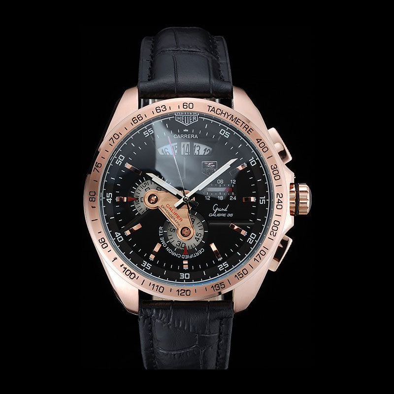 Tag Heuer Carrera Rose Gold Bezel with Black Dial and Black Leather Strap TG6678: Image 1