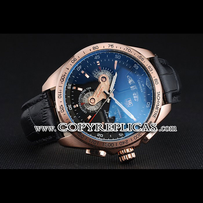 Tag Heuer Carrera Rose Gold Bezel with Black Dial and Black Leather Strap TG6678: Image 2
