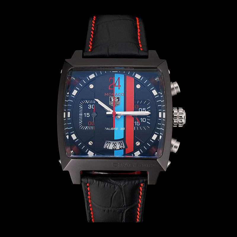 Tag Heuer Monaco Calibre 36 Blue And Red Dial Stripes Dial Black Leather Strap TG6709: Image 1