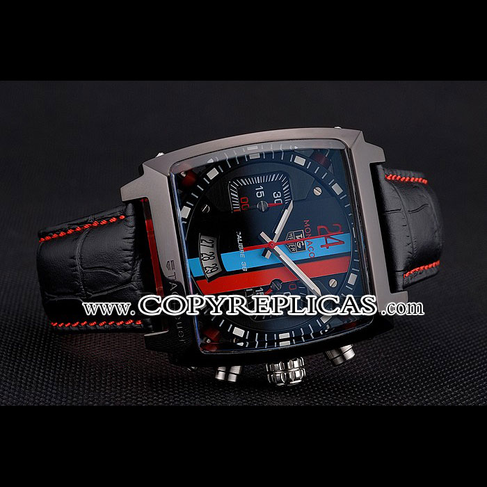 Tag Heuer Monaco Calibre 36 Blue And Red Dial Stripes Dial Black Leather Strap TG6709: Image 2