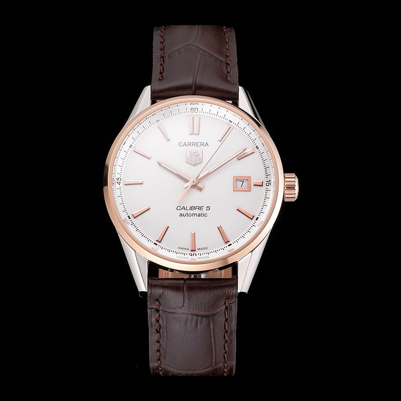Swiss Tag Heuer Carrera Calibre 5 White Dial Rose Gold Case Brown Leather Strap TG6714: Image 1