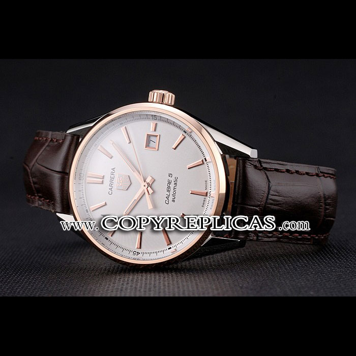 Swiss Tag Heuer Carrera Calibre 5 White Dial Rose Gold Case Brown Leather Strap TG6714: Image 2
