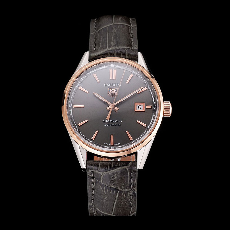 Swiss Tag Heuer Carrera Calibre 5 Gray Dial Rose Gold Case Black Leather Strap TG6715: Image 1