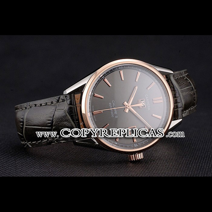 Swiss Tag Heuer Carrera Calibre 5 Gray Dial Rose Gold Case Black Leather Strap TG6715: Image 2