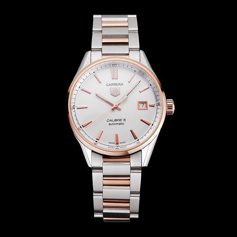 Swiss Tag Heuer Carrera Calibre 5 White Dial Rose Gold Case Two Tone Bracelet TG6717: Image 1