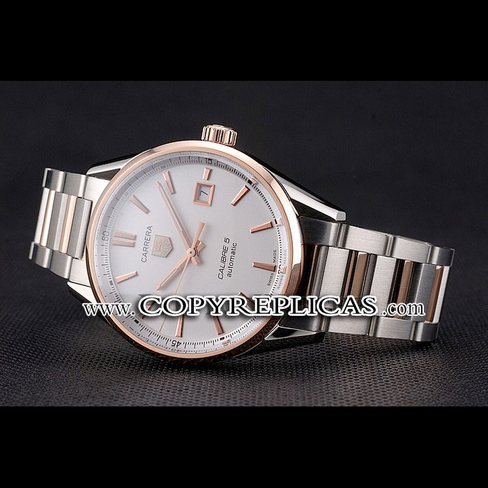 Swiss Tag Heuer Carrera Calibre 5 White Dial Rose Gold Case Two Tone Bracelet TG6717: Image 2