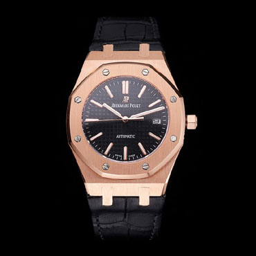 Swiss Audemars Piguet Royal Oak Black Dial Gold Case Black Leather Strap AP5531