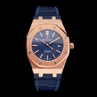 Swiss Audemars Piguet Royal Oak Blue Dial Gold Case Blue Leather Strap AP5541