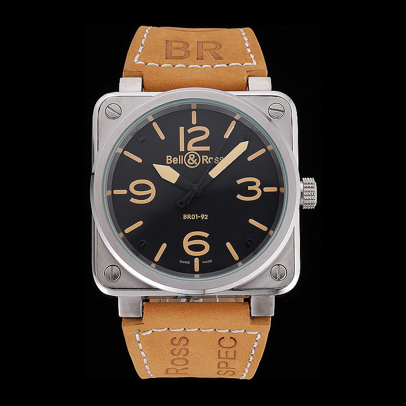 Bell Ross BR 01-92 Black Dial Silver Case Gold Numerals Brown Leather Strap BR5582: Image 1