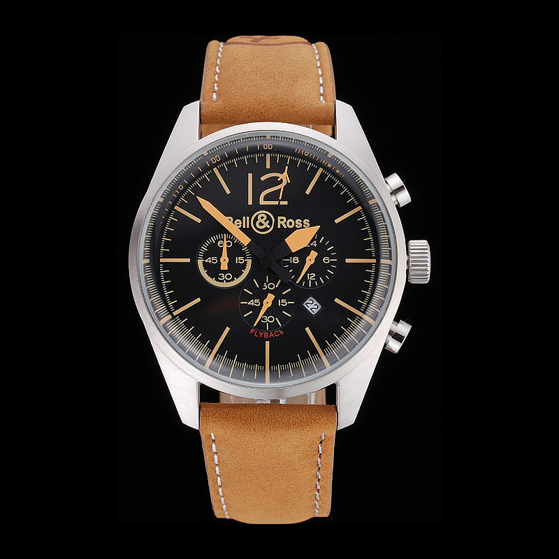 Bell Ross BR126 Flyback Black Dial Silver Case Gold Numerals Brown Suede Strap BR5591: Image 1