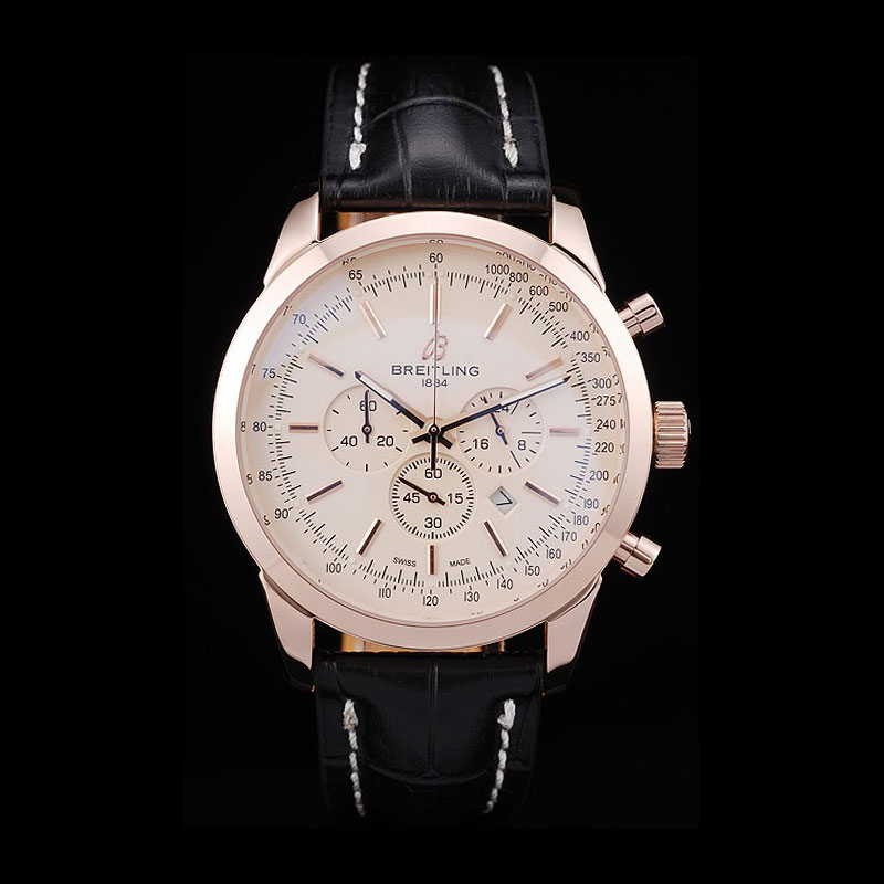 Breitling Transocean White Dial Black Leather Strap Rose Gold Bezel BL5669: Image 1