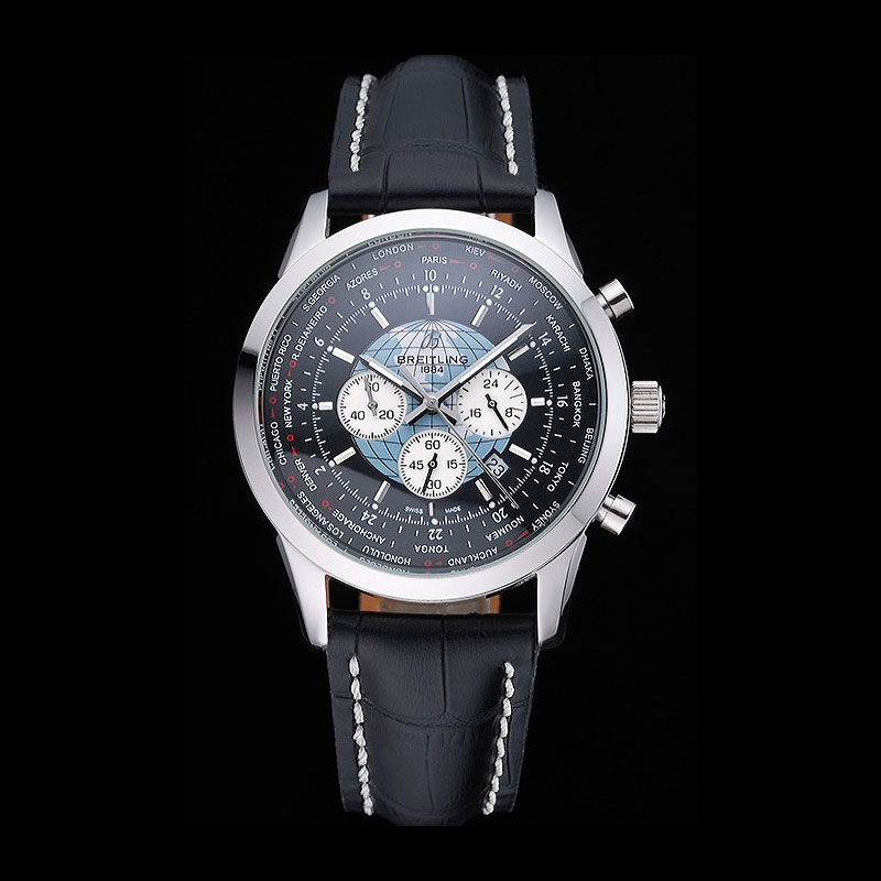 Breitling Transocean Chronograph Unitime Black Dial Steel Case Black Leather Bracelet BL5733: Image 1