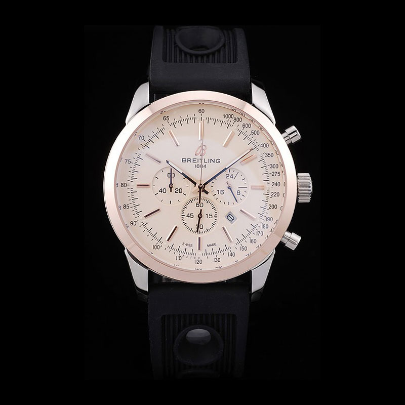 Breitling Transocean White Dial Black Rubber Strap Rose Gold Bezel BL5765: Image 1