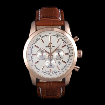 Breitling Transocean White Dial Brown Leather Strap Rose Gold Bezel BL5647