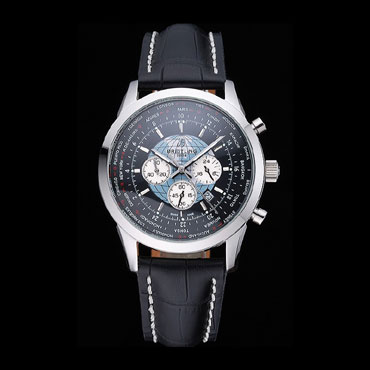 Breitling Transocean Chronograph Unitime Black Dial Steel Case Black Leather Bracelet BL5733