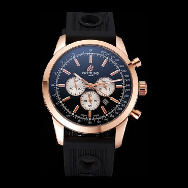 Breitling Transocean Black Dial Black Rubber Strap Rose Gold Bezel BL5755