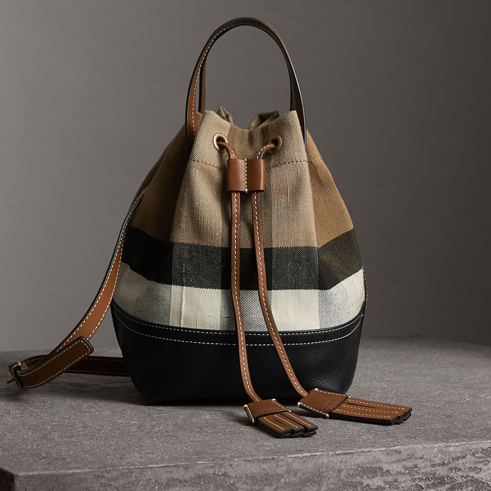 Burberry Small Canvas Check and Leather Bucket Bag in Tan 40495541: Image 1