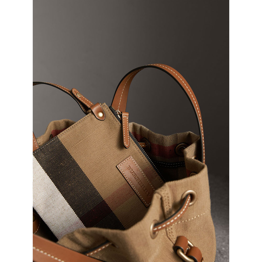 Burberry Small Canvas Check and Leather Bucket Bag in Tan 40495541: Image 3