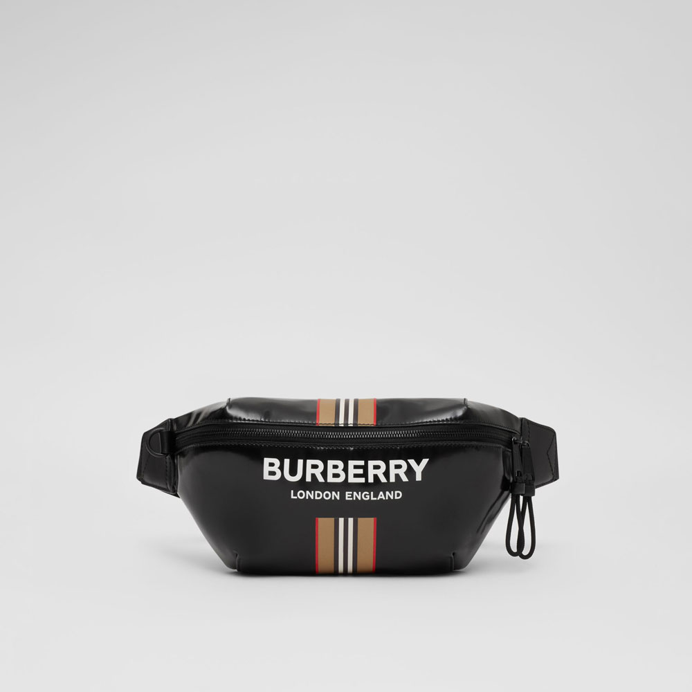 Burberry Logo and Icon Stripe Print Sonny Bum Bag in Black 80300181: Image 1