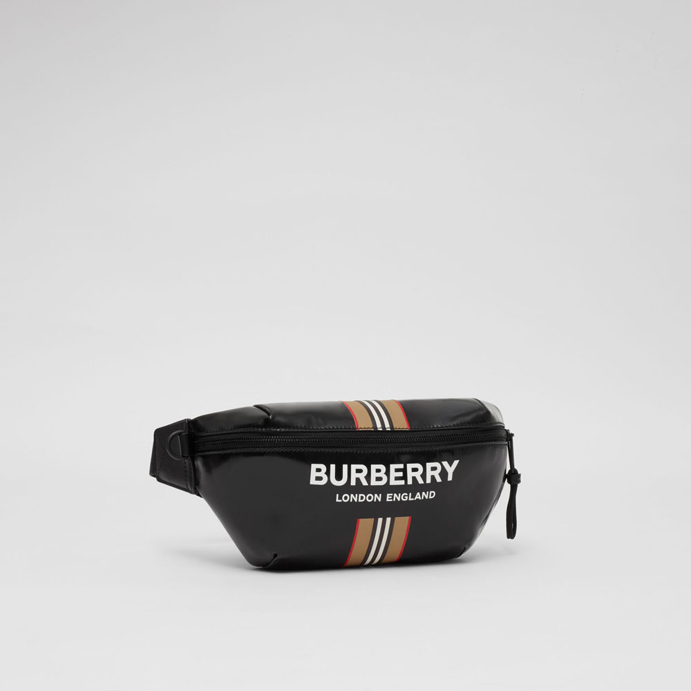 Burberry Logo and Icon Stripe Print Sonny Bum Bag in Black 80300181: Image 2