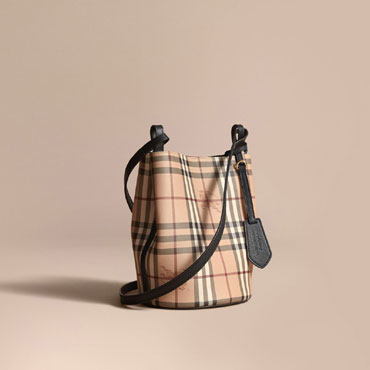 Burberry Leather and Haymarket Check Crossbody Bucket Bag in Black 40571581