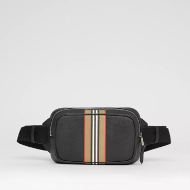 Burberry Icon Stripe Print Grainy Leather Bum Bag in Black 80365431