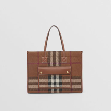 Burberry Medium Knitted Check Freya Tote in Dark Birch Brown 80491361