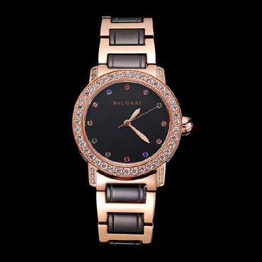 Bvlgari Bvlgari Black Dial Jewel Hourmarks Gold Case Diamond Bezel Two Tone Bracelet BV5830