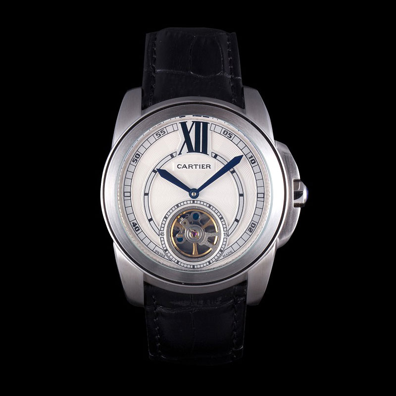 Cartier Calibre Flying Tourbillon White Dial Stainless Steel Case Black Leather Bracelet CTR5936: Image 1