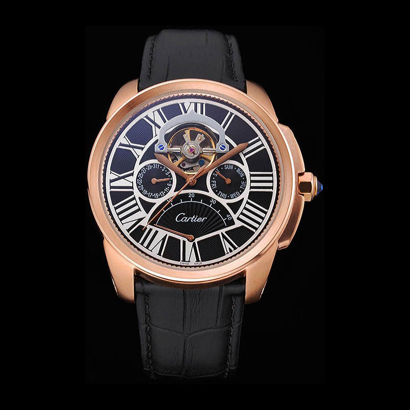 Cartier Calibre Tourbillon Black Dial Gold Case Black Leather Strap CTR5938: Image 1